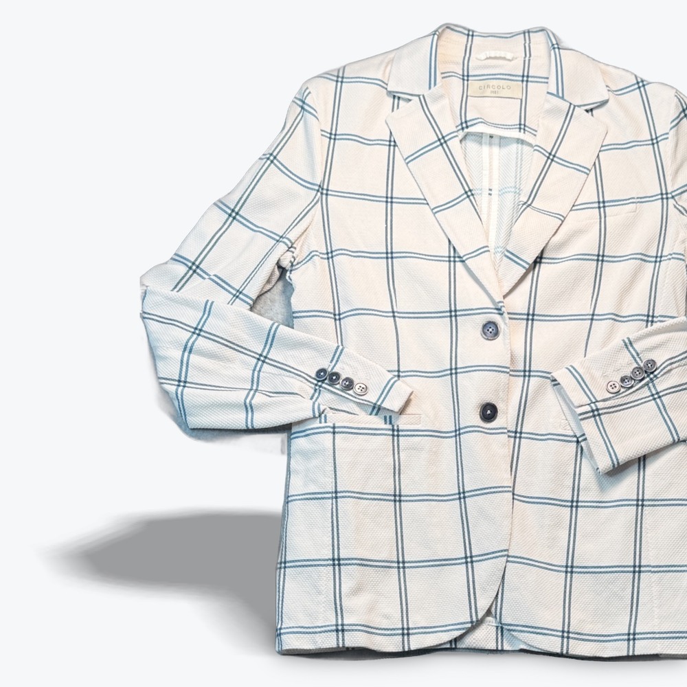 Circolo 1901 Ivory Navy Windowpane Plaid Pique Stretch Cotton Blazer Jacket